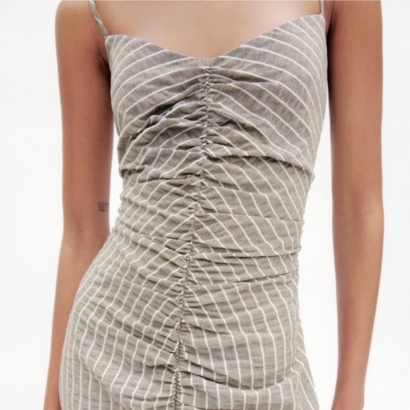 ZARA Striped Rustic Ruched Front Midi Dress - Picture 2 of 6